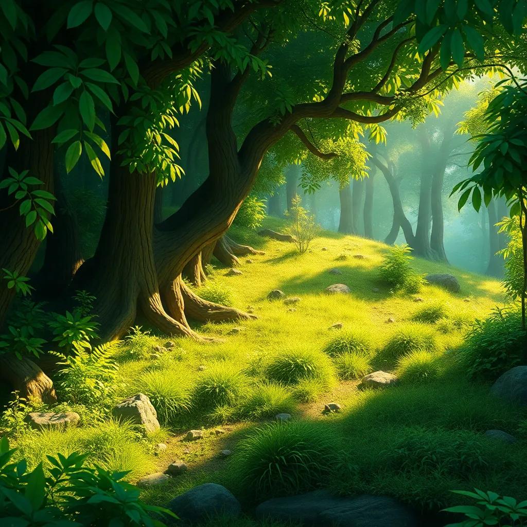 A lush green spot, resembling a thick forest, sharing stories of nature and adventure, visual art, vibrant, earthy colors, adventurous