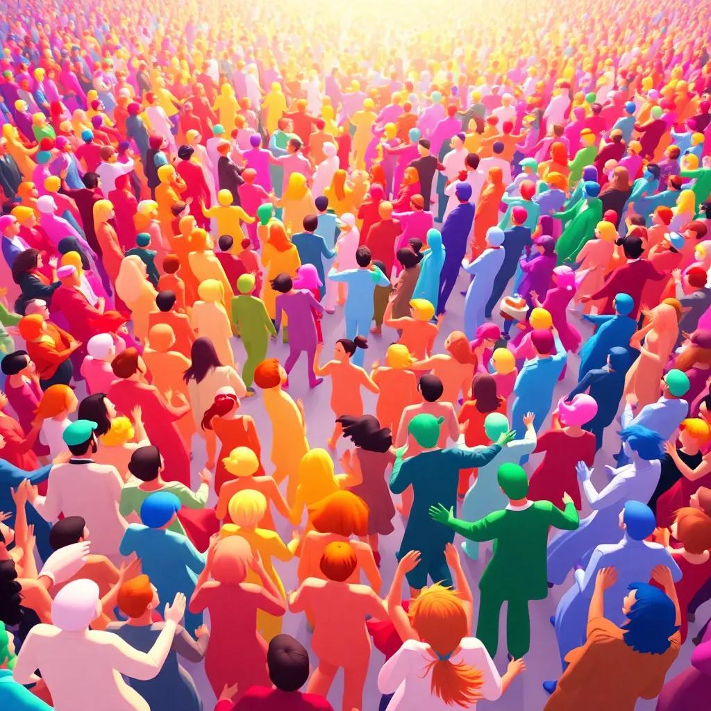 A grand gathering of colors in a large square, dancing and celebrating together, each color blending harmoniously, fantasy illustration, joyful, colorful
