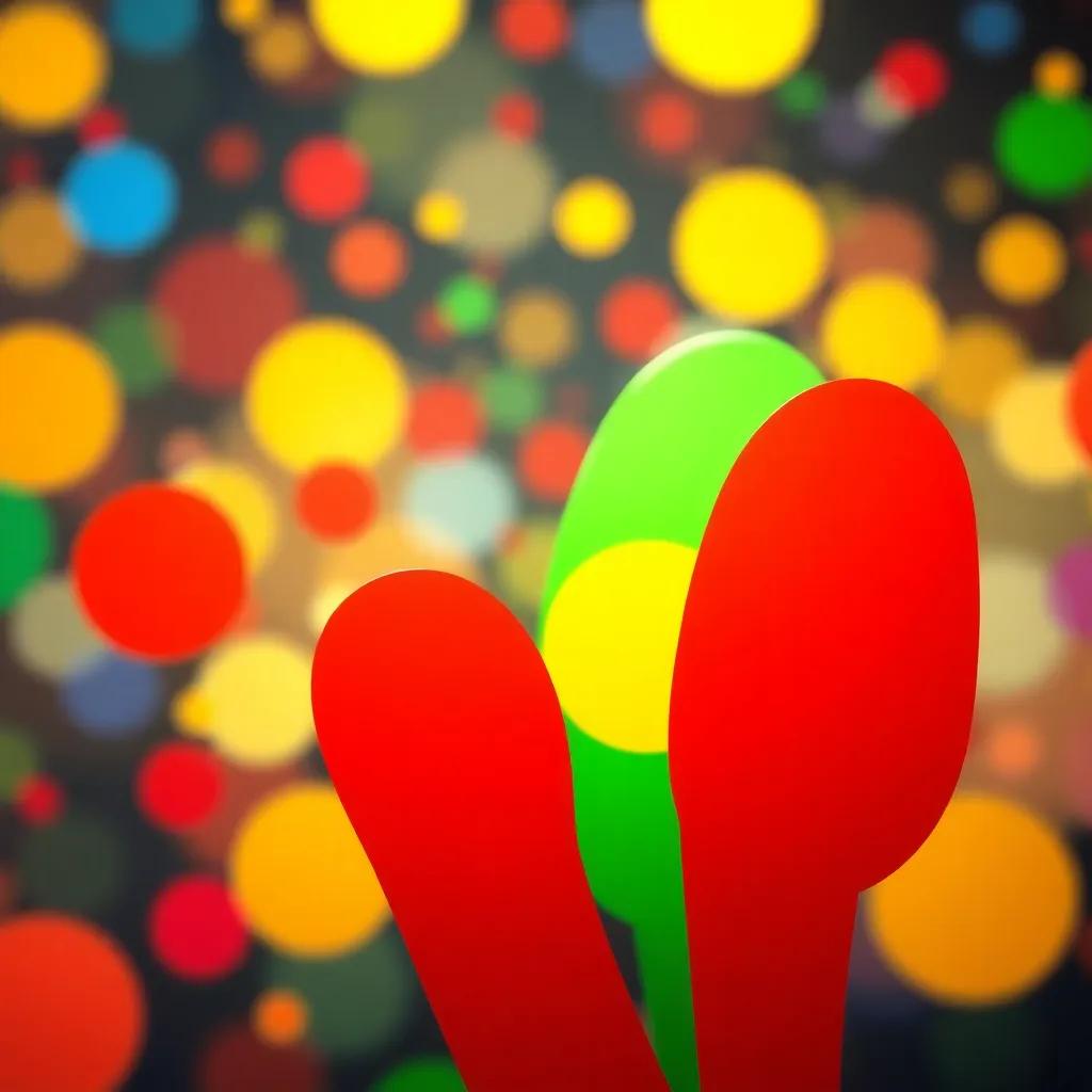 The red, blue, yellow, and green spots swaying together, each telling their own stories in a unique tune, vibrant art, lively, playful