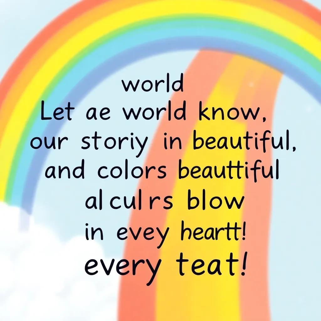 A rainbow saying, "Let the world know, our stories are beautiful, and our colors bloom in every heart!", illustration, joyful, colorful