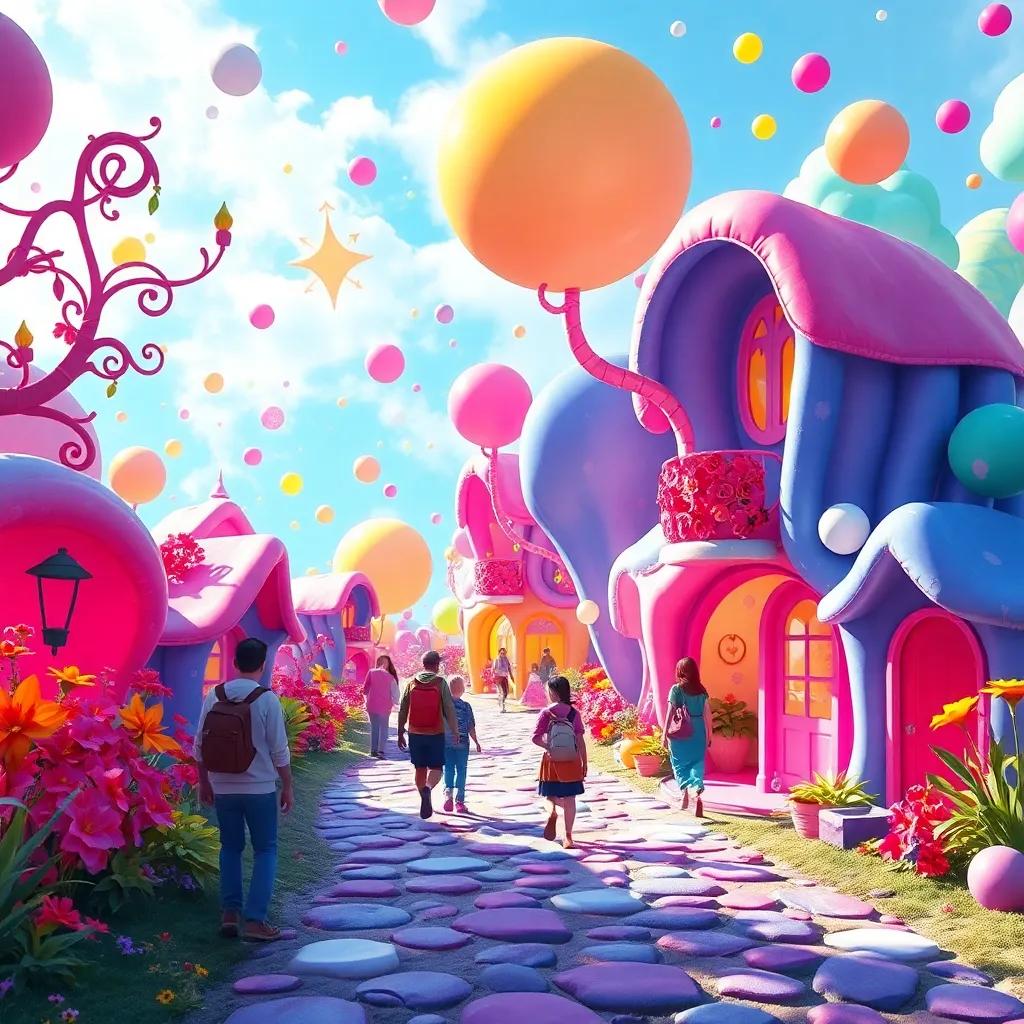 A whimsical world filled with fantasy colors captivating everyone walking through it, digital art, imaginative, bright colors, magical atmosphere