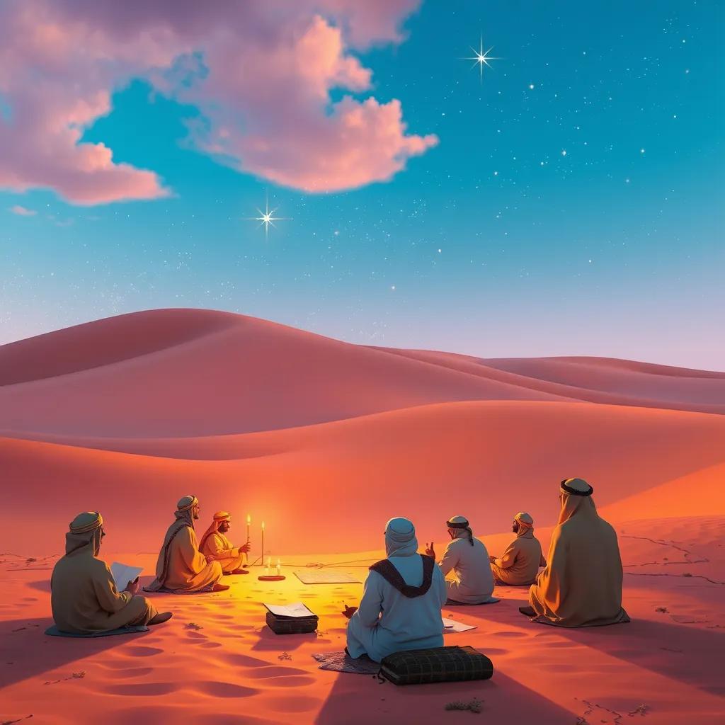 A beautiful landscape of the Arabian desert with a clear blue sky, showcasing a gathering of Bedouins listening to poetry under the stars, digital art, warm colors, majestic atmosphere, high quality