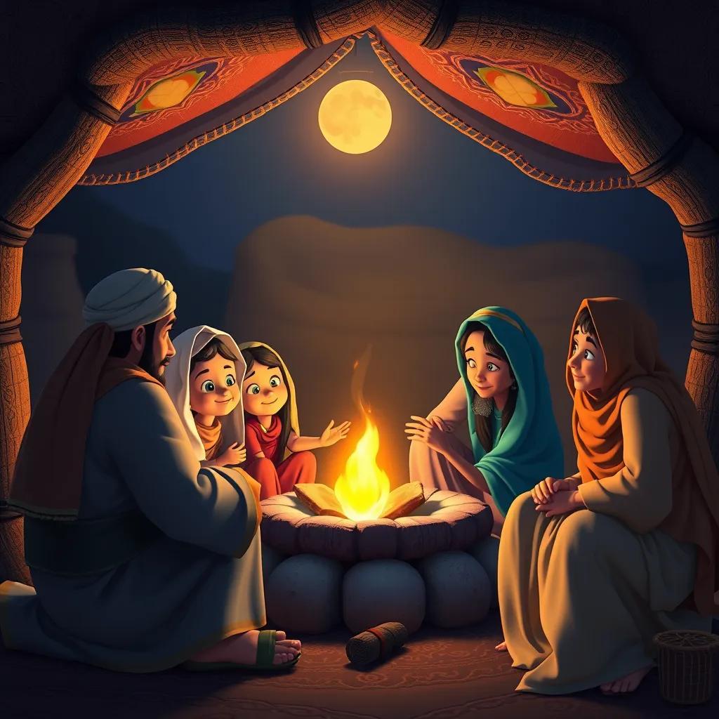 A cozy setting of an Arab family gathered around a fire at night, with children eagerly listening to a storyteller, warm light, colorful, heartwarming, storytelling atmosphere
