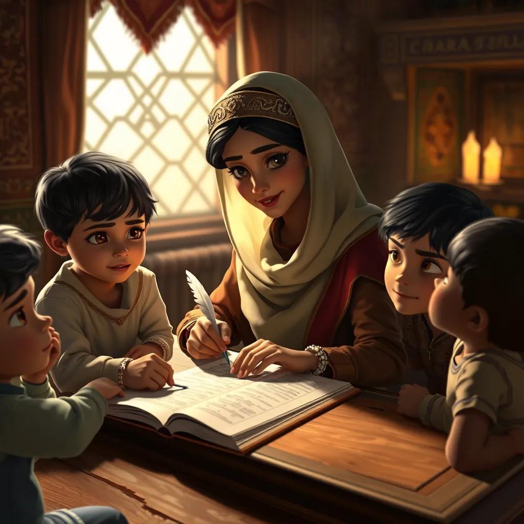 A talented Arab woman, Aisha, sitting at a wooden desk, writing stories with a quill, surrounded by children, in a softly lit room with rich tapestries, inviting ambiance, detailed