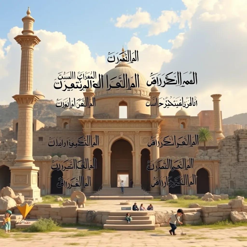 A montage of traditional Arabic calligraphy displaying beautiful poems against a backdrop of ancient ruins, emphasizing the cultural significance, artistic representation, bold colors, inspiring