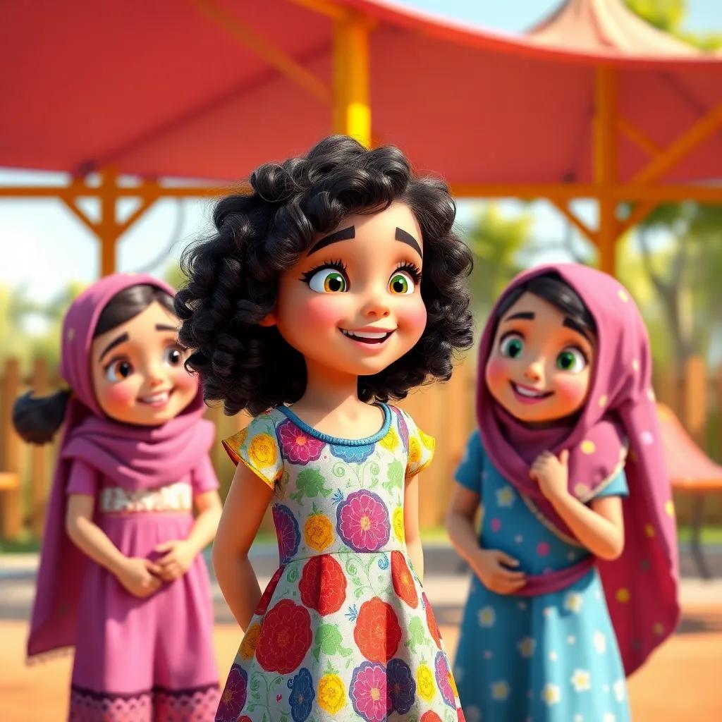 A young Arab girl, Bilqis, with curly dark hair wearing a colorful dress, talking excitedly to her friends Maria and Lujain, all in a sunny playground, vibrant colors, cheerful atmosphere, digital art, child-friendly