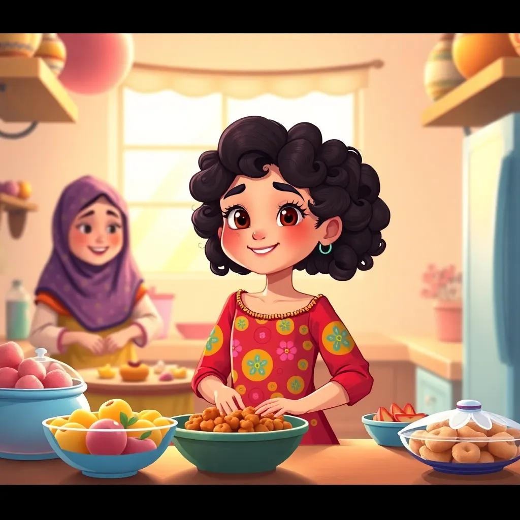 Bilqis, a young Arab girl, with curly dark hair in a colorful dress, with her friends Maria and Lujain in a kitchen, happily preparing colorful sweets, warm light, bright colors, inviting scene, illustration, high quality