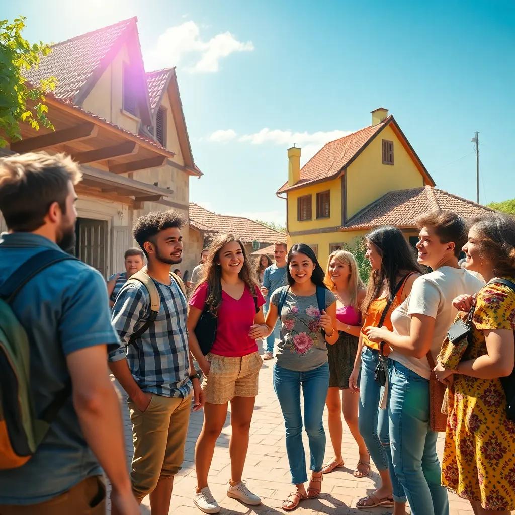 A bright sunny day in a village square, a group of young people gathered with excitement, discussing their ideas, vibrant atmosphere, lively colors, cheerful expressions, digital art, friendly community setting