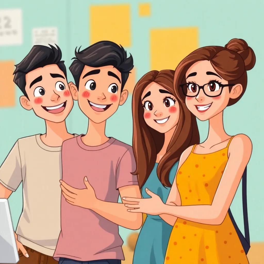 A group of young people, Rami, a spirited young man with short black hair wearing a casual t-shirt, and Reem, a smart young girl with long brown hair wearing a bright dress, brainstorming and sharing ideas, illustrated scene, vibrant colors, teamwork spirit, optimistic energy