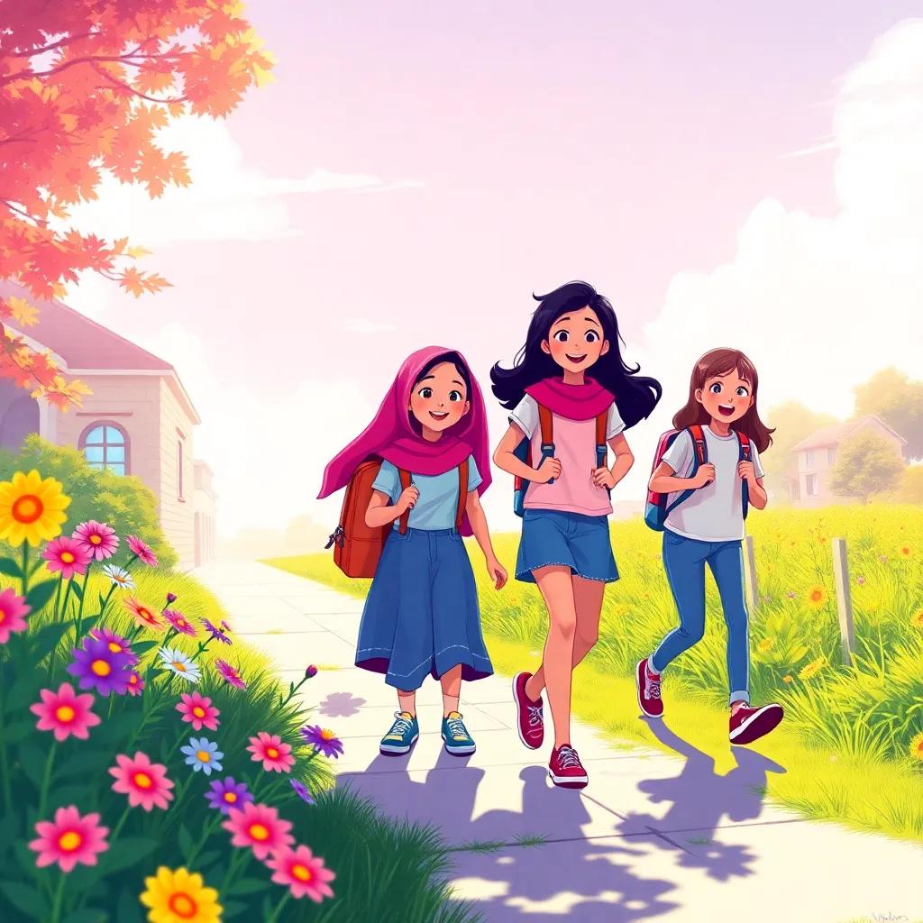 A bright sunny morning with Fatima and her friends walking excitedly towards school, colorful flowers blooming around them, digital art, cheerful colors, warm sunlight, friendly atmosphere, high quality
