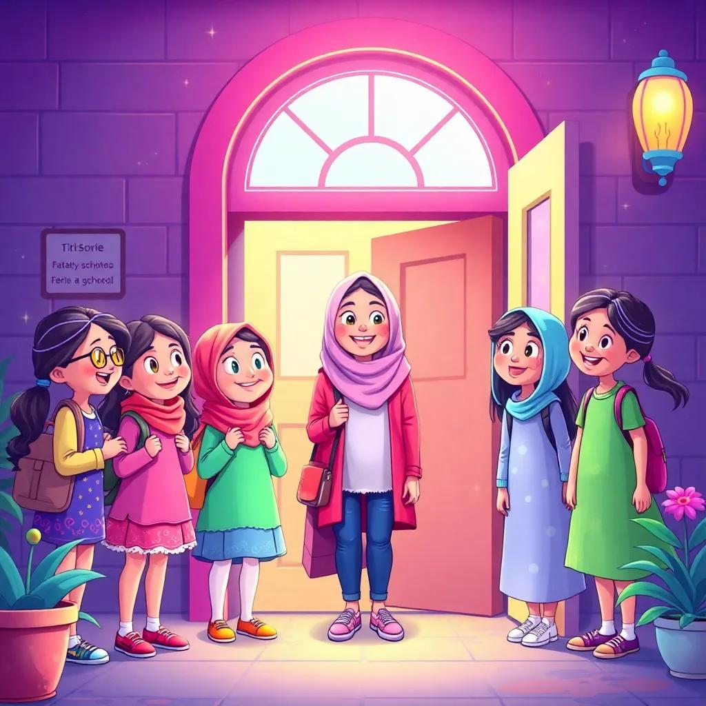 Fatima and her friends greeting Teacher Sara at the school entrance, all smiling and filled with excitement, digital illustration, vibrant colors, inviting scene, high quality