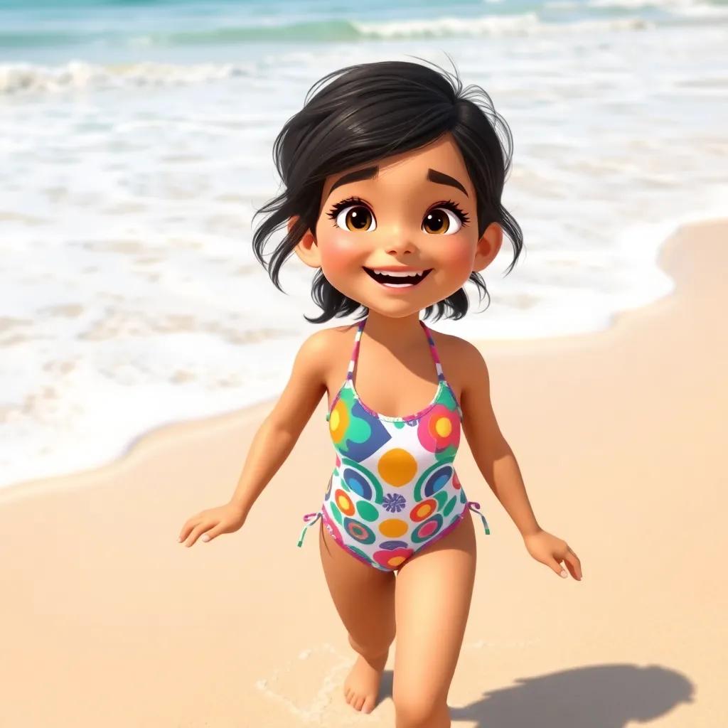 A young Arab girl, Bana, with dark hair, wearing a colorful swimsuit, playing on a sandy beach with waves in the background, cheerful expression, bright sunny day, digital art, vibrant colors, joyful atmosphere, high quality