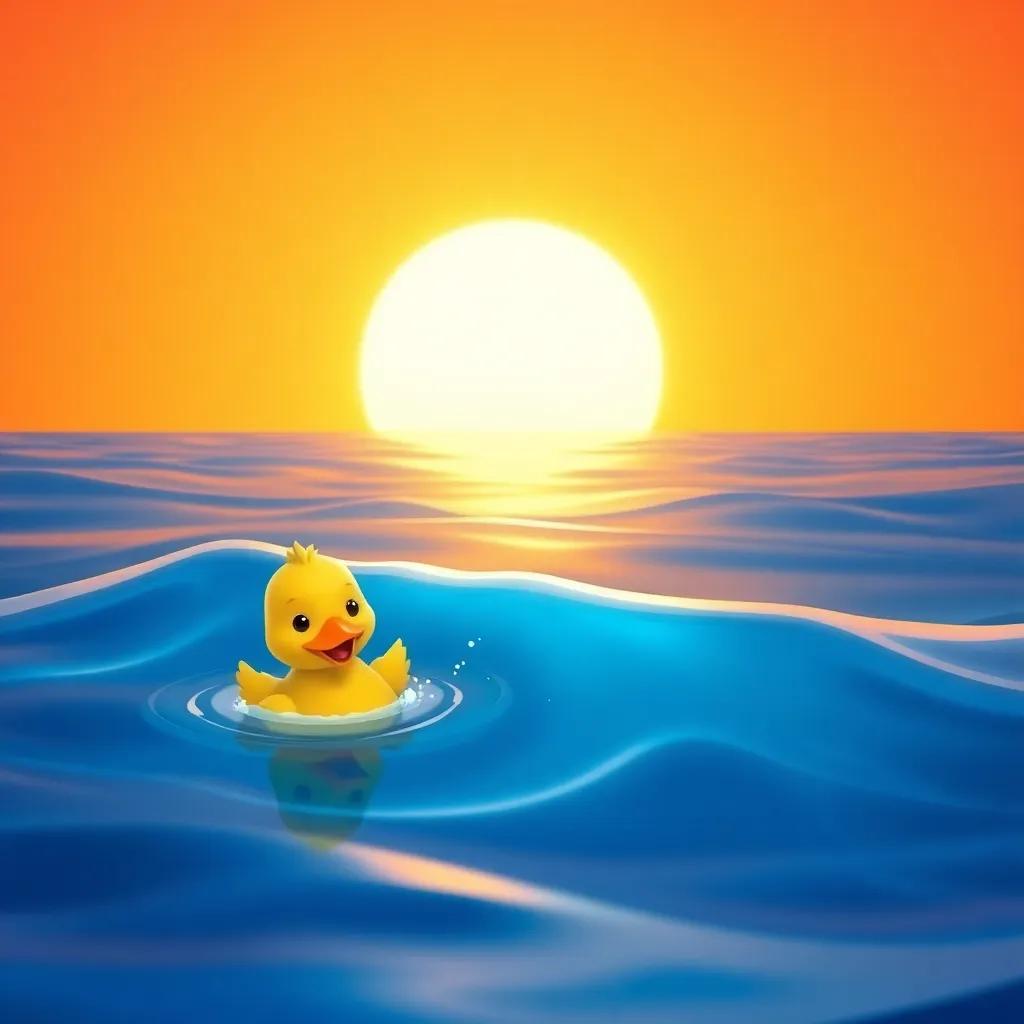 A small yellow duck, happily splashing in the blue sea beside Bana, with the sun setting in the background, creating a beautiful orange sky, playful and engaging scene, illustration, warm colors, child-friendly