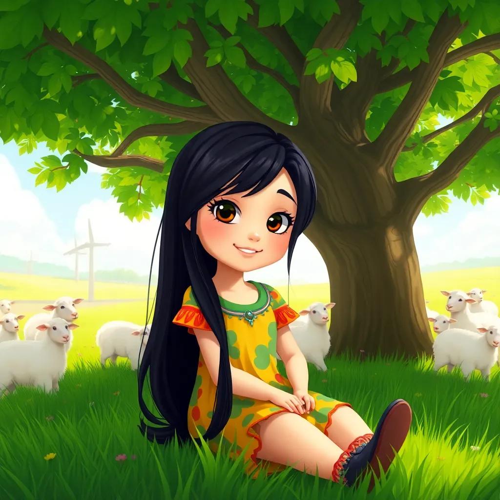 A young girl, Lina, with long black hair, wearing a colorful dress, sitting under a big tree surrounded by sheep in a green field, bright and sunny, cheerful atmosphere, digital art, detailed, vibrant colors, happy scene