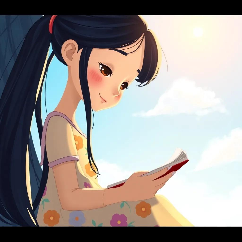 Lina, a young girl with long black hair in a colorful dress, writing poetry in a notebook, under a bright sky, peaceful and serene, illustration, child-friendly