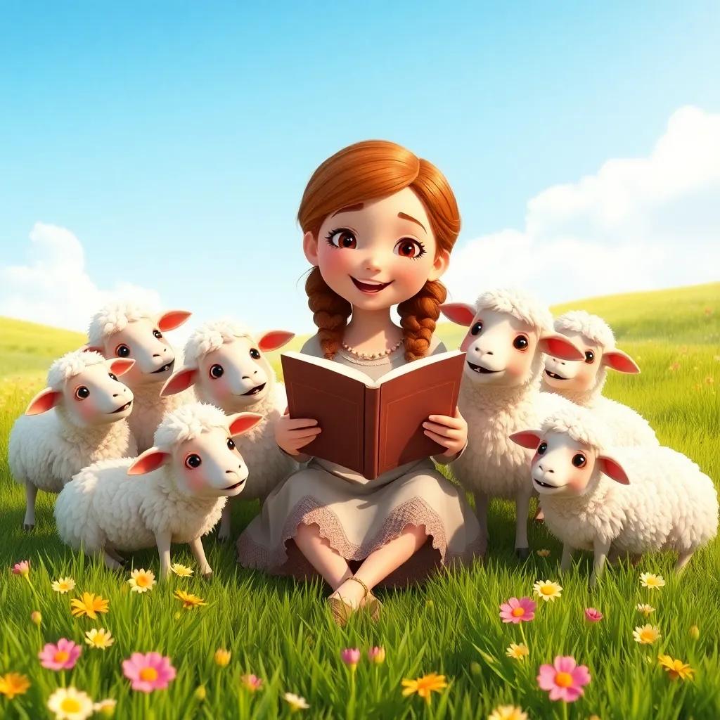 A group of happy sheep around Lina, who is sitting and reading her poem, beautiful green meadows with flowers, clear blue sky, warm light, vibrant colors, high quality