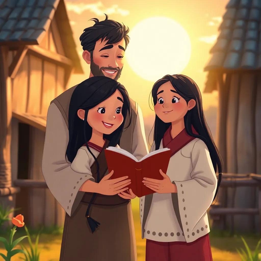 Lina, a young girl with long black hair, reading her poem to her proud father, who is wearing simple village clothes, in a cozy village setting, warm sun, joyful mood, illustration