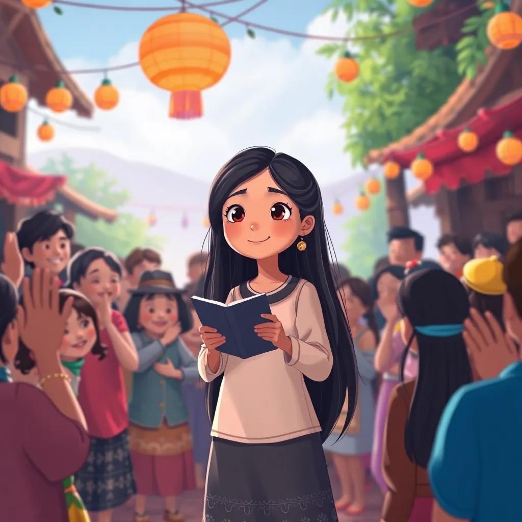 Lina, a young girl with long black hair, standing in front of a crowd in the village, sharing her poetry, the audience joyful and clapping, festive atmosphere, colorful, illustration