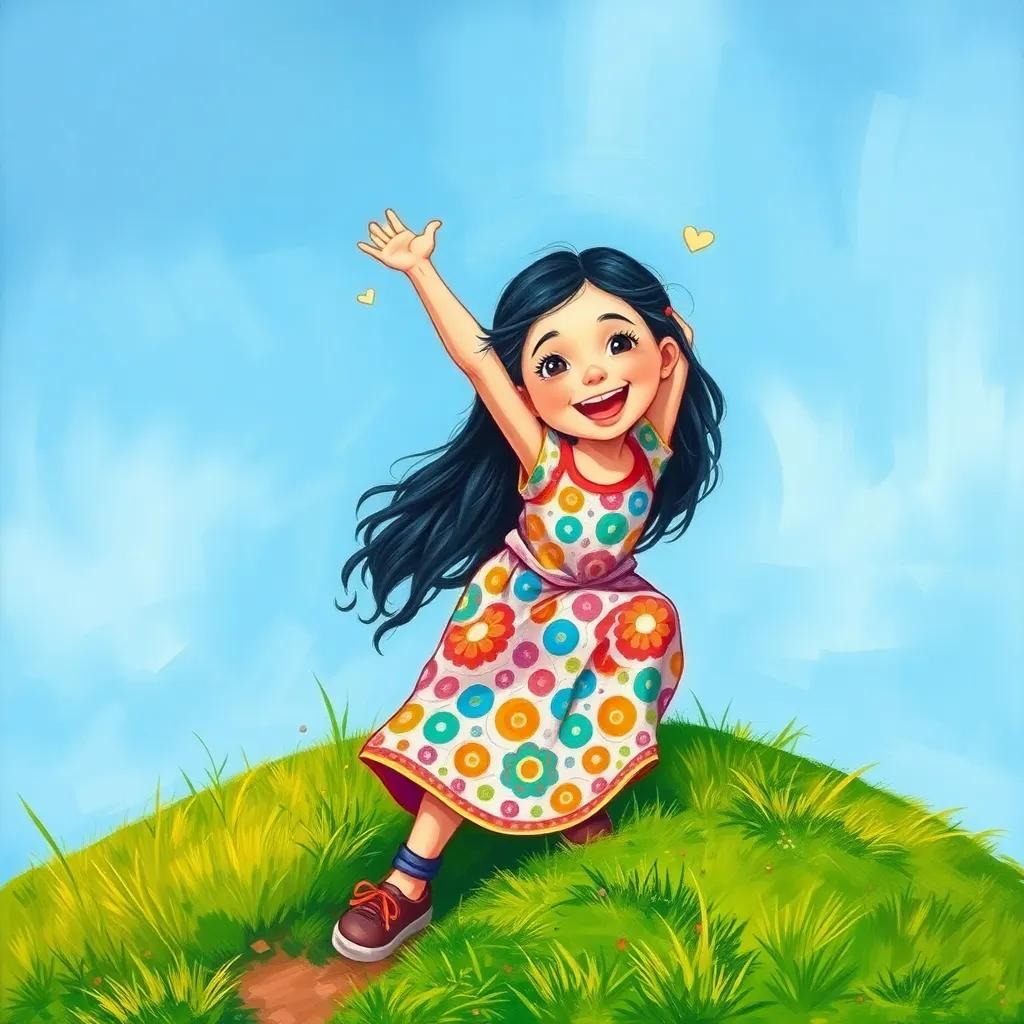 Layla, a young Arabic girl with long, dark hair in a colorful dress, climbing a hill excitedly, green grass, clear blue sky, joyful expression, child-friendly art