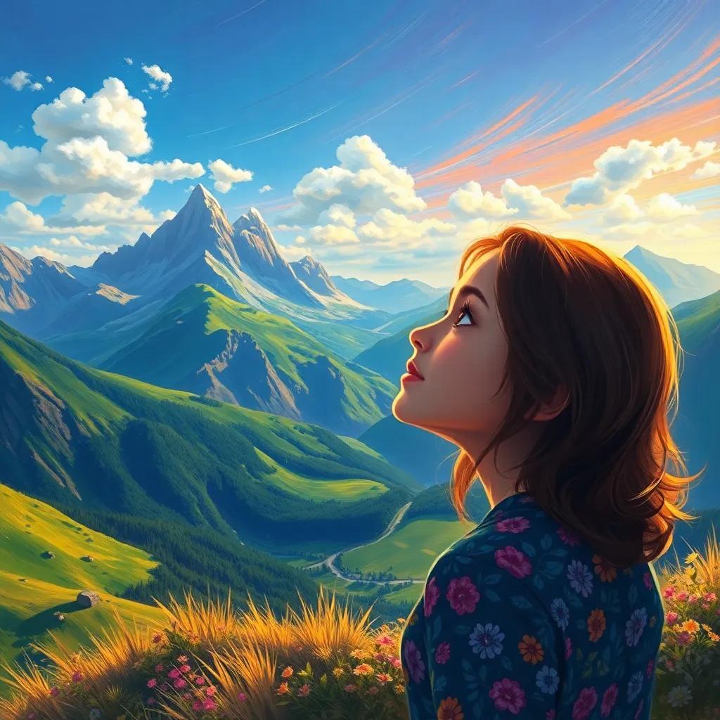 Layla at the top of the hill, looking at magnificent mountain views, with her eyes wide open in amazement, bright landscape, uplifting and cheerful, digital painting