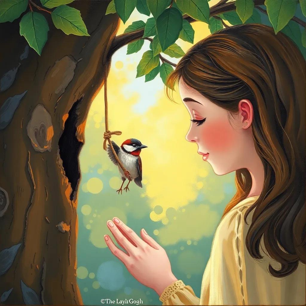 A small bird trapped in a tree, looking at Layla, who is carefully trying to help, soft natural light, warm colors, heartwarming scene, illustration