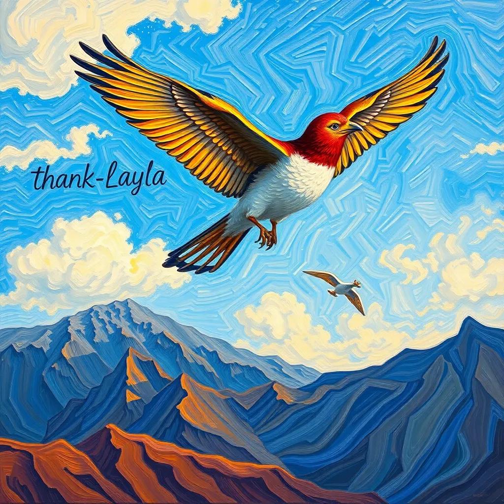 The freed bird flying in the sky, thanking Layla, with mountains in the background, wide perspective, joyful theme, vibrant colors, captivating scene