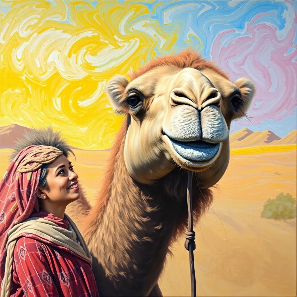 A large camel, smiling, talking to Layla who is standing nearby, colorful desert background, friendly atmosphere, engaging art