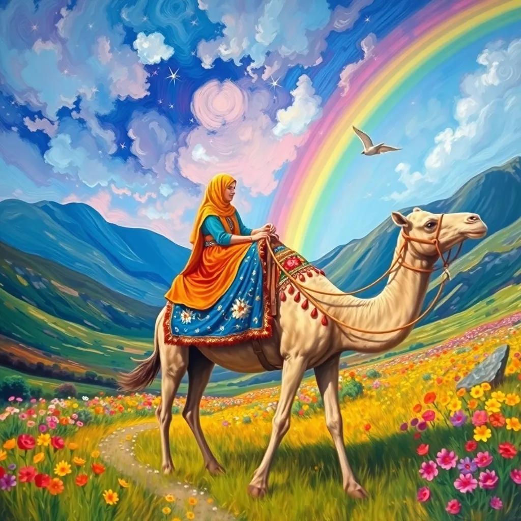 Layla riding the camel through a valley, with vibrant flowers and a rainbow in the background, cheerful and magical, beautiful colors, immersive view
