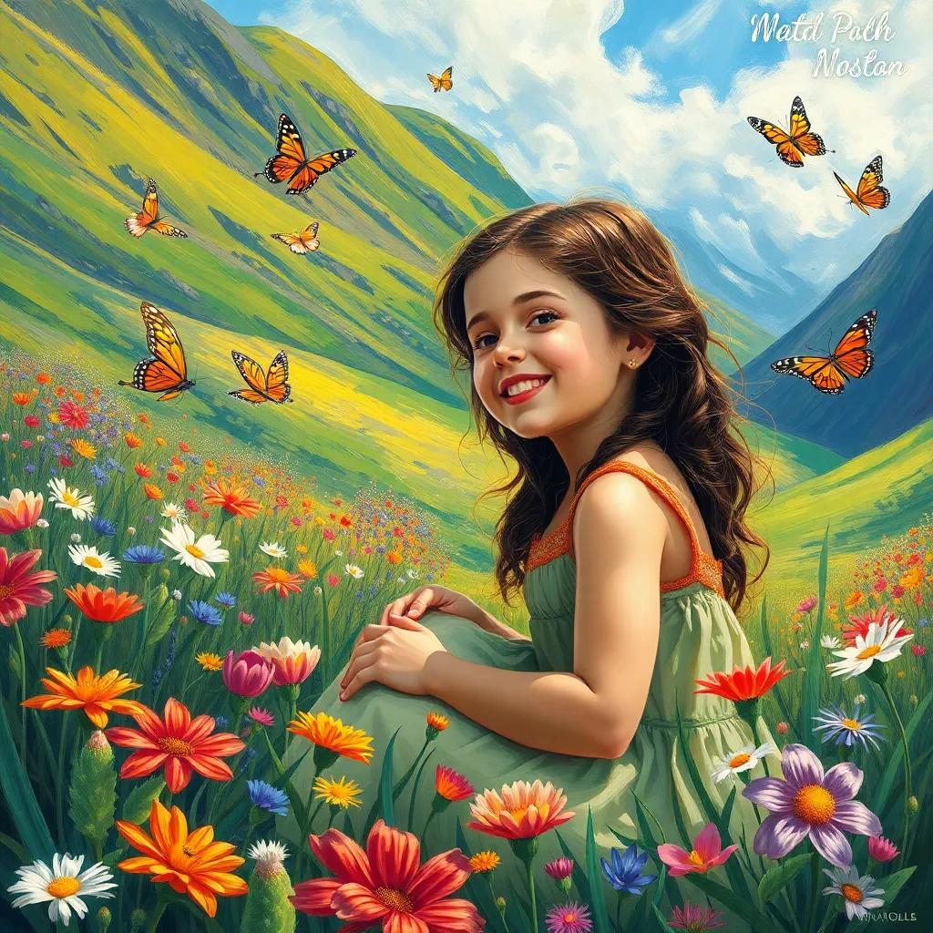 Layla playing among the flowers in the valley, butterflies flying around her, bright and colorful scene, joyful atmosphere, detailed digital art