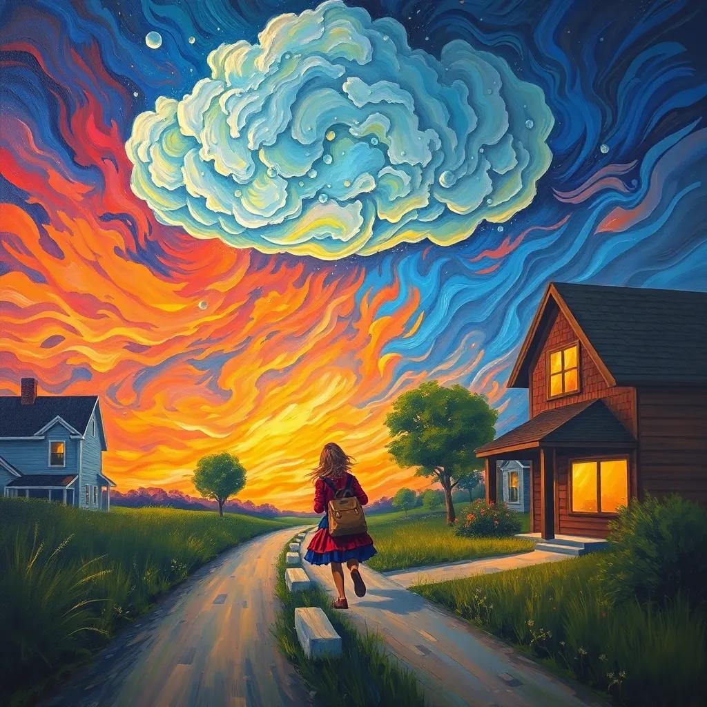 A storm cloud forming above, with Layla looking worried, rushing back toward home, dramatic lighting, colorful skies, engaging environment