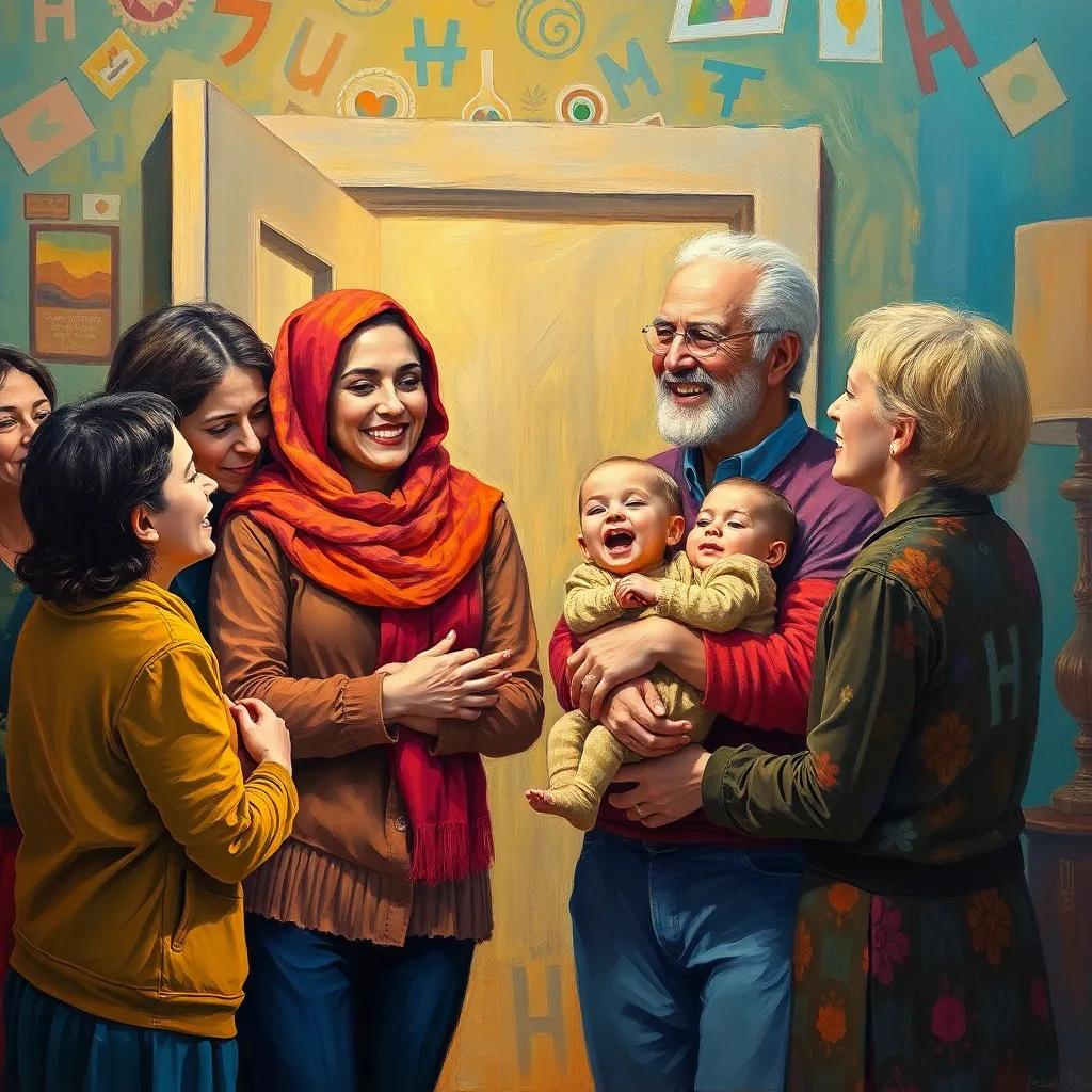 Layla returning home, with her father waiting with joy, all family members around with excitement, warm and happy colors, heartwarming reunion