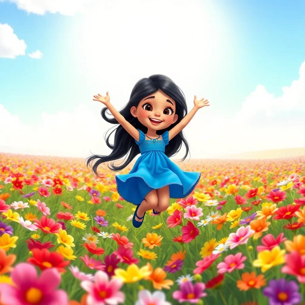 A young Arab girl, Leila, with long black hair wearing a bright blue dress, jumping happily in a colorful flower field, under a sunny sky with vibrant flowers surrounding her, digital art, cheerful, bright colors, joyful atmosphere, high quality