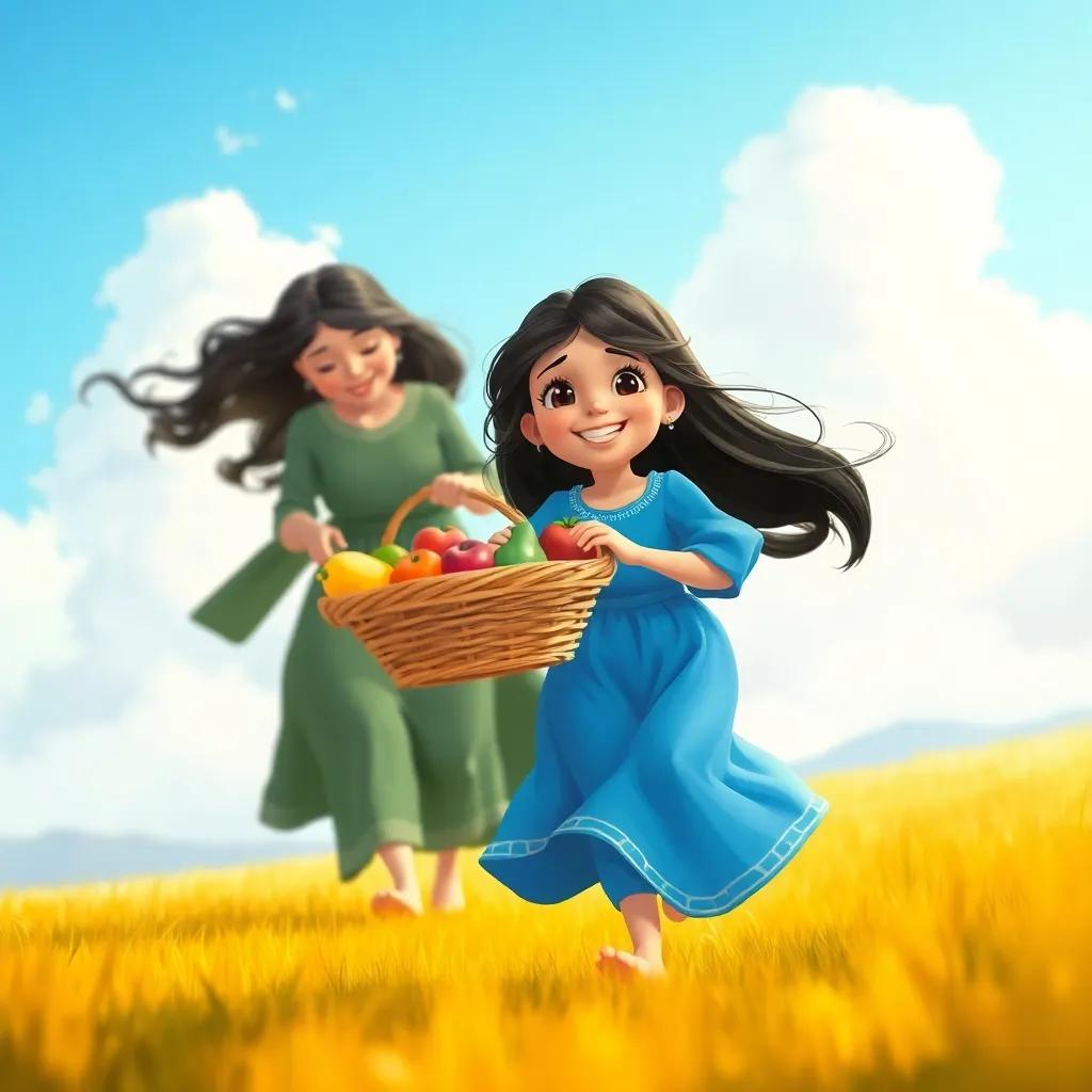 Leila, a young Arab girl, with long black hair in a bright blue dress, running joyfully towards her mother holding a basket filled with fresh fruits, in a sunny field with a blue sky and fluffy clouds, illustration, lively, warm light, family bonding, high quality