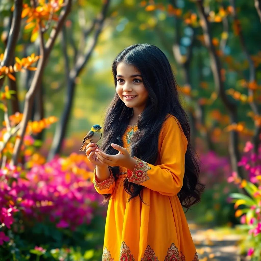 A young Arab girl, Leila, with long, dark hair, wearing a bright dress, walking in a colorful forest, holding a small bird in her hands, cheerful atmosphere, digital art, vibrant colors, joyful feeling, high quality