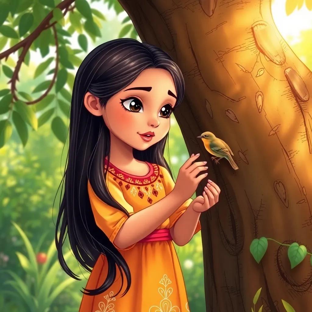 Leila, a young Arab girl, with long, dark hair, wearing a bright dress, standing by a tree helping a small bird, lush greenery around, illustration, bright light, warm colors, heartwarming scene, high quality