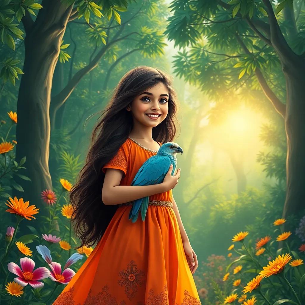 Leila, a young Arab girl, with long, dark hair, wearing a bright dress, walking with the bird in a dense forest, surrounded by colorful flowers and bright sun, painting, cheerful, adventurous atmosphere, high quality