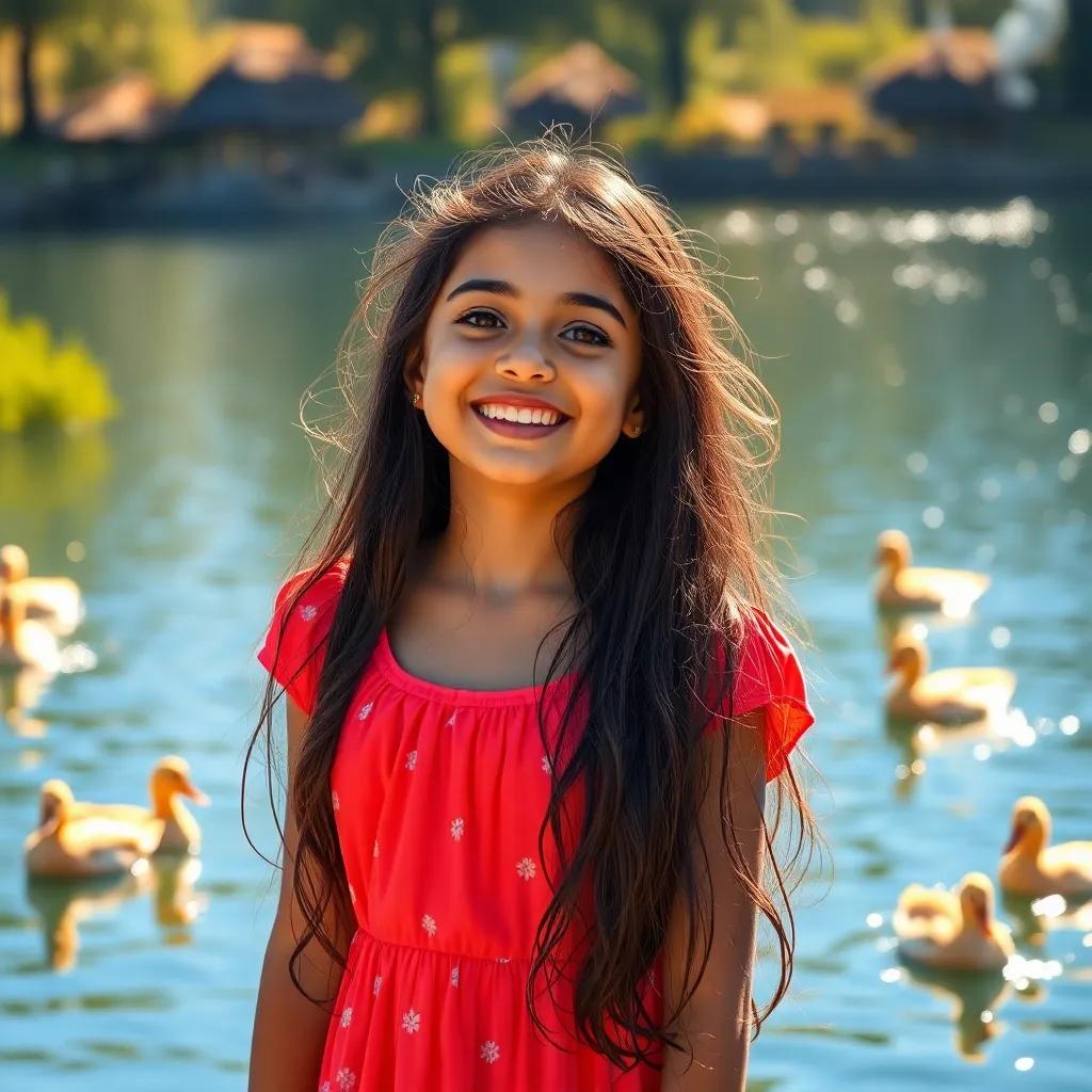 Leila, a young Arab girl, with long, dark hair, wearing a bright dress, joyful by the sparkling lake with ducks swimming, laughter in the air, vibrant art, fresh colors, inviting scene, high quality