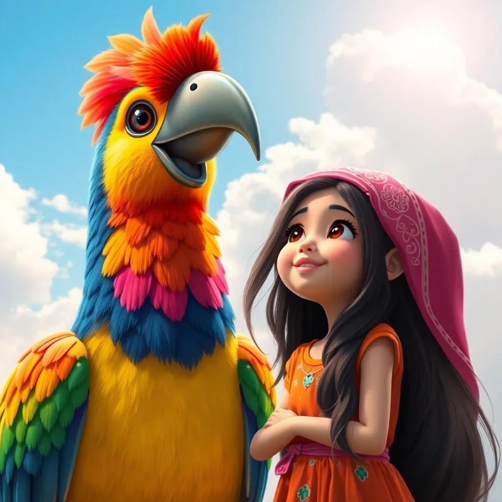 A big bird, colorful and friendly, talking to Leila, a young Arab girl with long, dark hair in a bright dress, in a bright sunny sky with soft clouds, friendly atmosphere, digital painting, vivid colors, uplifting scene, high quality
