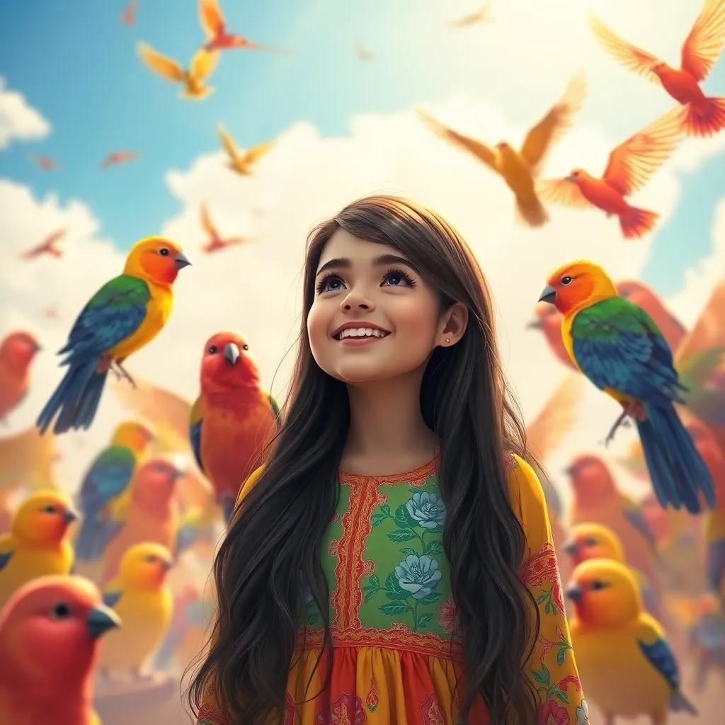 Leila, a young Arab girl, with long, dark hair, wearing a bright dress, surrounded by colorful birds and sunny sky, joyful reunion scene, colorful illustration, bright light, warm and cheerful tone, high quality