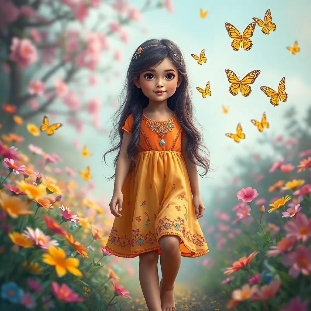 Leila, a young Arab girl, with long, dark hair, wearing a bright dress, walking through flowers with cheerful butterflies around her, whimsical scene, vibrant colors, enchanted atmosphere, digital art, high quality