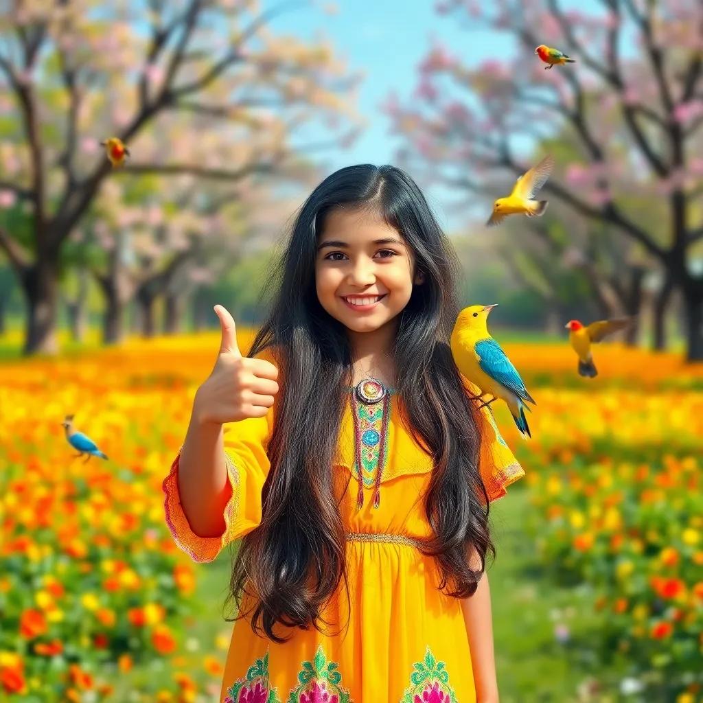 Leila, a young Arab girl, with long, dark hair, wearing a bright dress, happily giving a thumbs-up with birds around, bright background of trees and flowers, colorful art, joyful feeling, high quality