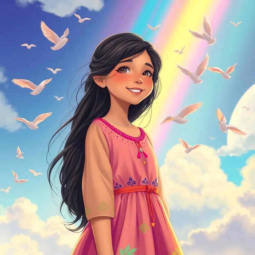 Leila, a young Arab girl, with long, dark hair, wearing a bright dress, smiling with birds in a rainbow sky, magical atmosphere, cheerful tone, illustration, high quality