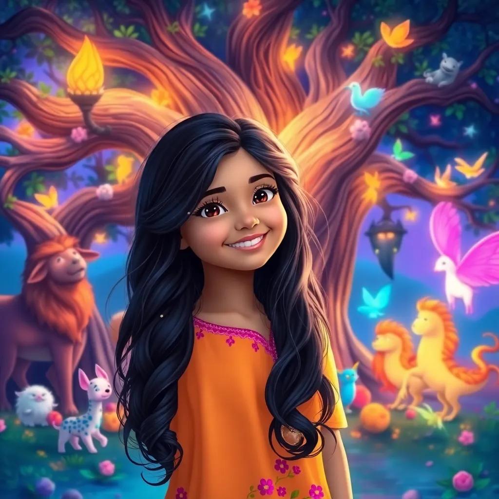 Leila, a young Arab girl, with long, dark hair, wearing a bright dress, smiling in front of a magical tree, surrounded by colorful animals, captivating storybook scene, digital art, vibrant colors, enchanting mood, high quality