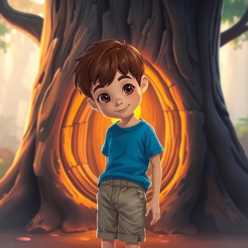 A young boy, Bandar, with short brown hair, wearing a blue T-shirt and khaki shorts, bending in front of an old tree trunk with a glowing golden key inside, digital art, warm and inviting colors, child-friendly scene, high quality