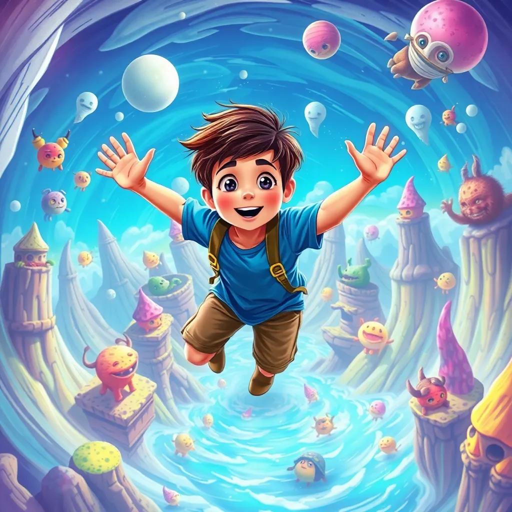 Bandar, a young boy with short brown hair wearing a blue T-shirt and khaki shorts, flying in a colorful whirlpool surrounded by strange creatures and floating mountains, whimsical digital art, vibrant colors, magical atmosphere, high quality
