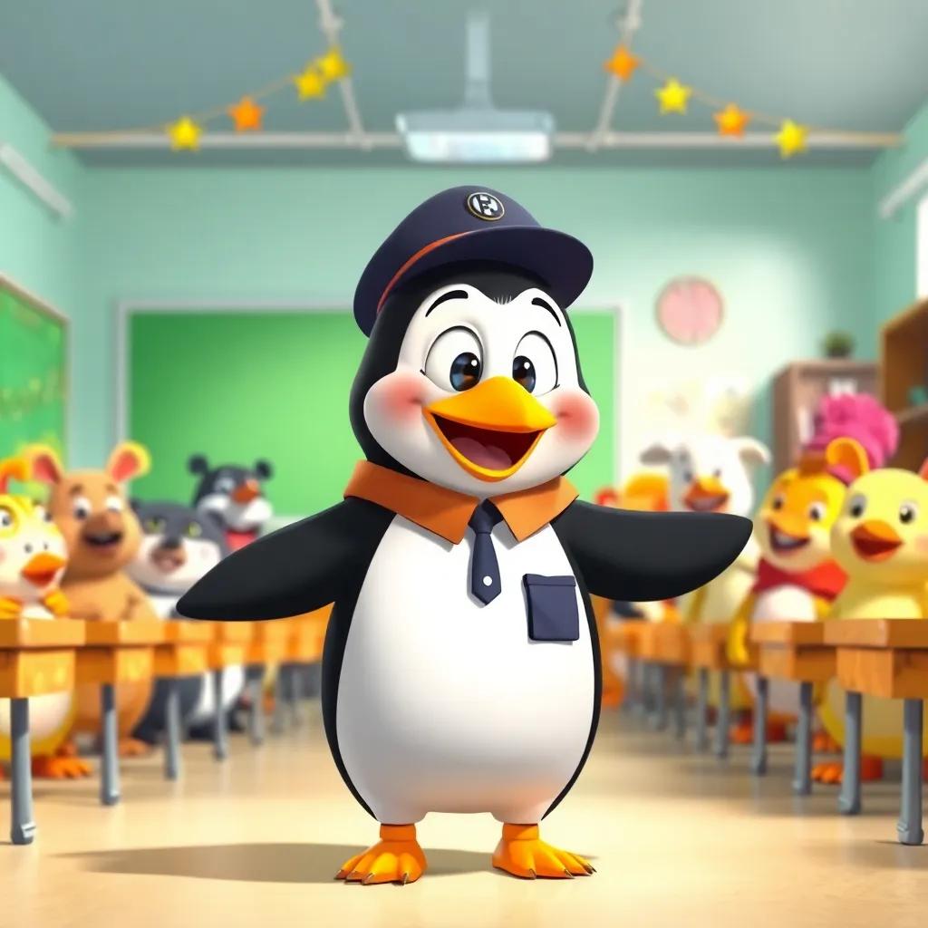 A happy penguin, Bendak, wearing a school uniform, entering a classroom full of happy animal friends, bright classroom atmosphere, colorful decorations, cheerful vibe, digital art, friendly