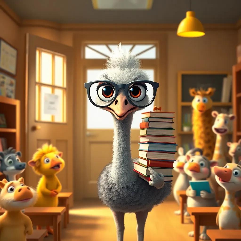 An ostrich with big glasses, entering a classroom holding a stack of books, surrounded by curious animals, warm light, inviting scene, illustrations, educational