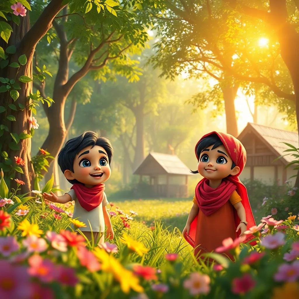 A cheerful scene in a small village with bright colors, showing Bahaa and Nourin, two happy siblings, exploring a lush green forest filled with colorful flowers and tall trees, digital art, vibrant and inviting atmosphere, warm sunlight filtering through the leaves, high quality