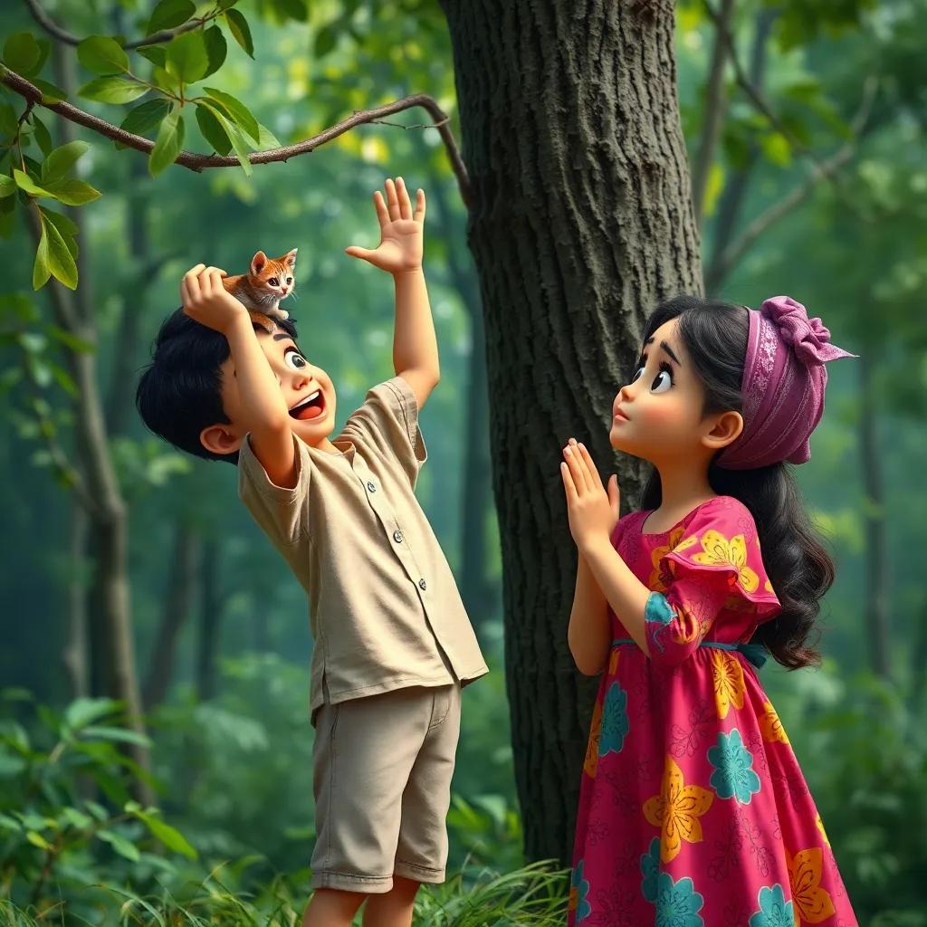 Bahaa, a young Arab boy, with short black hair wearing a simple shirt and shorts, excitedly reaching out to a small trapped cat in a tree, Nourin, a young Arab girl with long black hair wearing a colorful dress, looking up worried, lush green forest background, realistic and heartwarming, engaging perspective, high quality