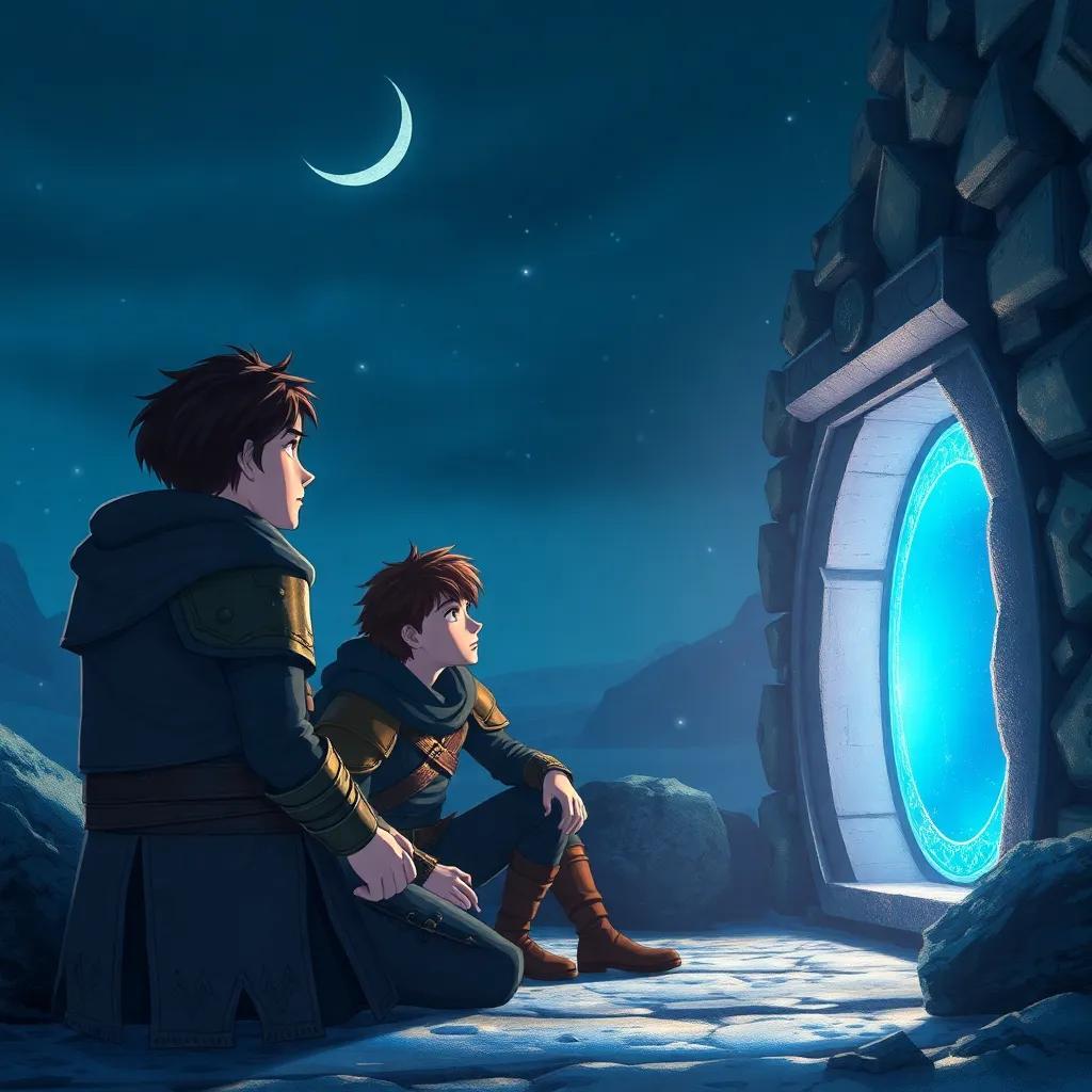 A cold night, under a faint crescent moon, a boy named Aabir with short dark hair sitting in a quiet corner with two friends Mark in battle attire and another Mark with broken armor, looking surprised at a glowing blue portal, detailed, fantasy atmosphere, inviting colors, cinematic angle, high quality
